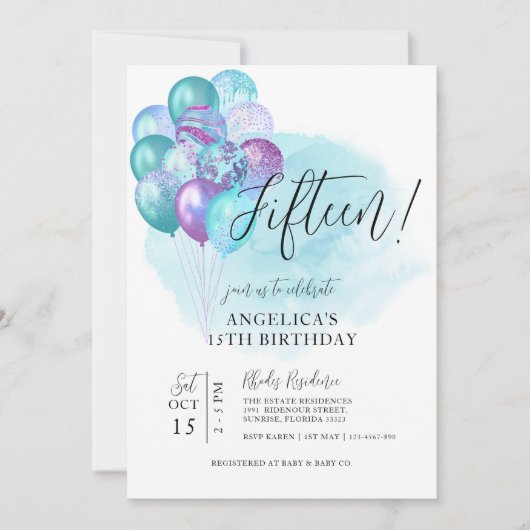 Turquoise Ballons violets Invitation 15e anniversa (Devant)