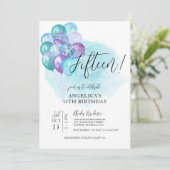 Turquoise Ballons violets Invitation 15e anniversa (Debout devant)