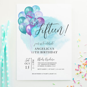 Turquoise Ballons violets Invitation 15e anniversa
