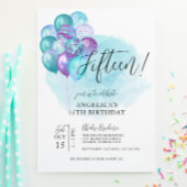 Turquoise Ballons violets Invitation 15e anniversa