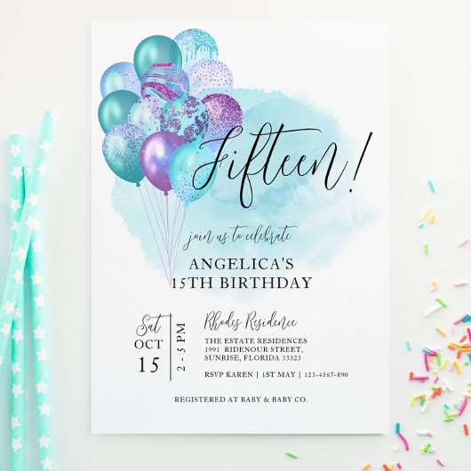 Turquoise Ballons violets Invitation 15e anniversa
