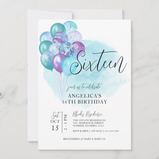 Turquoise Ballons violets Invitation 16e anniversa (Devant)