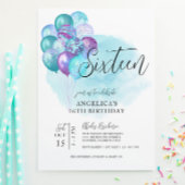 Turquoise Ballons violets Invitation 16e anniversa