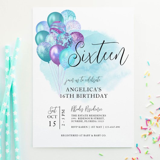 Turquoise Ballons violets Invitation 16e anniversa
