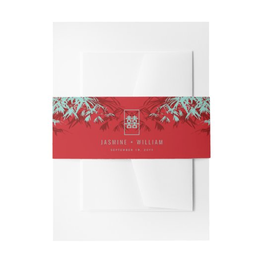 Turquoise bamboe blaadjes dubbel xi chinees bruilo uitnodigingen wikkel (Voorkant Voorbeeld)