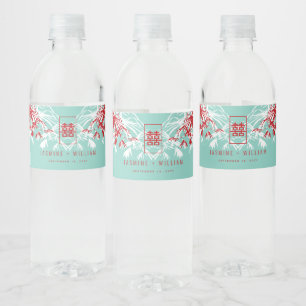 Turquoise bamboe blaadjes dubbel xi chinees bruilo waterfles etiket