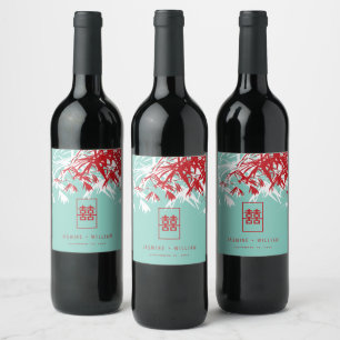 Turquoise bamboe blaadjes dubbel xi chinees bruilo wijn etiket