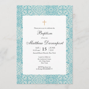 Turquoise Baptism-uitnodiging met trendy tegels. Kaart