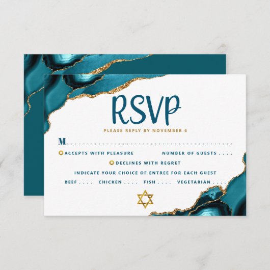 Turquoise Bar Mitzvah Agate Script Bold Modern RSVP Kaartje (Voorkant / Achterkant)