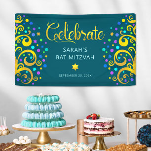 Turquoise Bat Mitzvah Gouden Script Boom des Leven Spandoek