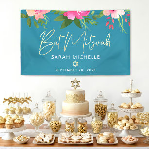 Turquoise Bat Mitzvah Roze Bloemen Goud Schrift Ve Spandoek