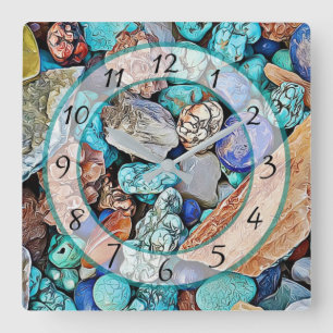 Turquoise Beach Stones Faux Stone Gem Clock Vierkante Klok