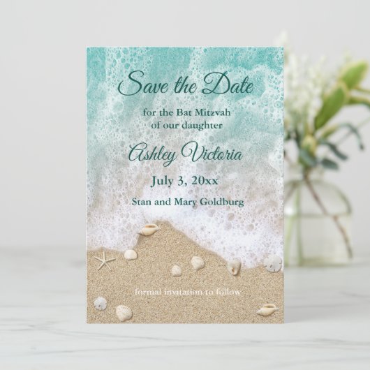 Turquoise Beach Waves Bat Mitzvah Save the Date Kaart (Staand voorkant)