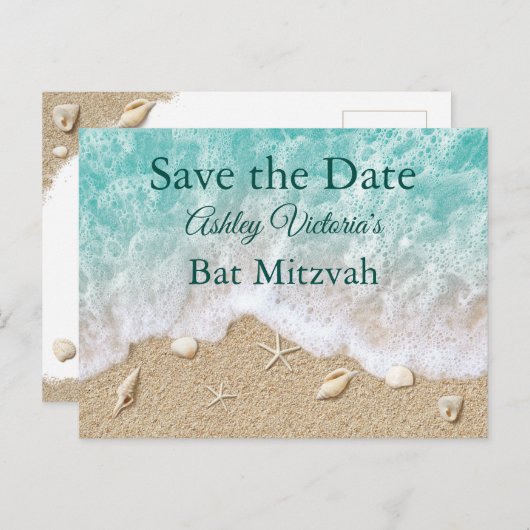 Turquoise Beach Waves Bat Mitzvah Save the Date Uitnodiging Briefkaart (Voorkant / Achterkant)