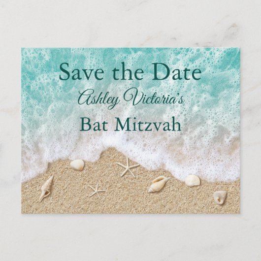 Turquoise Beach Waves Bat Mitzvah Save the Date Uitnodiging Briefkaart (Voorkant)