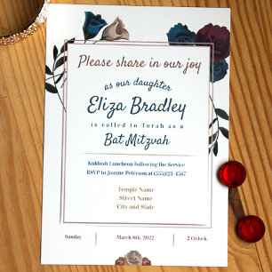 Turquoise, beige, Bourgogne Bat mitzvah Invitation