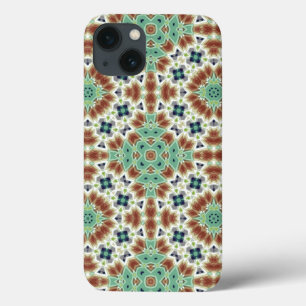 Turquoise beige kleurrijke caleidoscoop ornament iPhone 13 hoesje