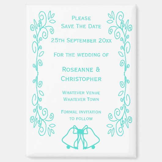 Turquoise Bells Scrollwork Wedding Sla de datum op Magneet (Voorkant)
