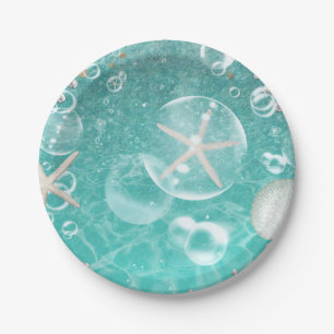 Turquoise betoverde zeester en bubbels oceaanfeest papieren bordje