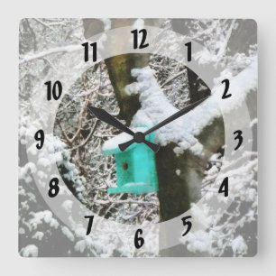 Turquoise Birdhouse in Winter Vierkante Klok