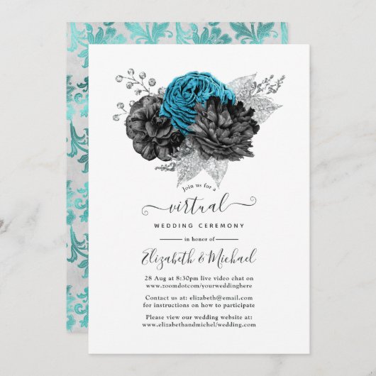 Turquoise, Black and Silver Virtual Wedding Kaart (Voorkant / Achterkant)