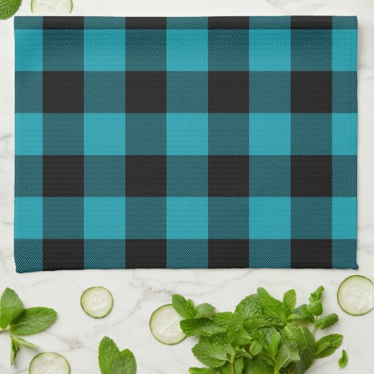 Turquoise Black Buffalo Check Plaid Rustic Theedoek (Gevouwen)