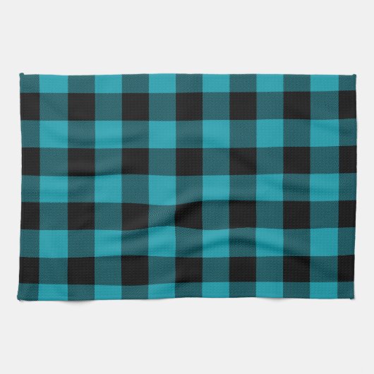 Turquoise Black Buffalo Check Plaid Rustic Theedoek (Horizontaal)