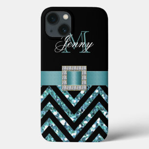 TURQUOISE BLACK CHEVRON GLITTER MEISJE iPhone 13 HOESJE