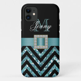 TURQUOISE BLACK CHEVRON GLITTER MEISJE iPhone 11 HOESJE