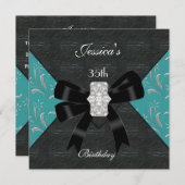 Turquoise Black Damask Black Invitation Argent 35e (Devant / Derrière)
