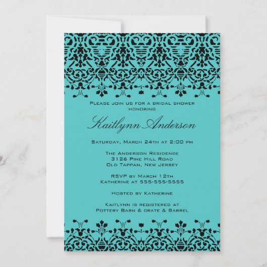 Turquoise & Black Damask Bridal Shower Invitation Kaart (Voorkant)