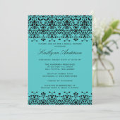 Turquoise & Black Damask Bridal Shower Invitation Kaart (Staand voorkant)