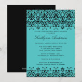 Turquoise & Black Damask Bridal Shower Invitation Kaart (Voorkant / Achterkant)