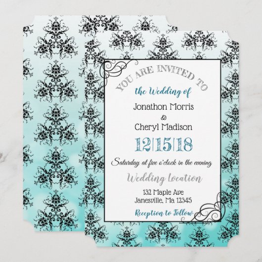 Turquoise Black Damask Classy Wedding invitations (Devant / Derrière)