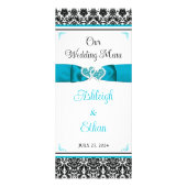 Turquoise, Black Damask Love Hearts Menu Mariage (Devant)