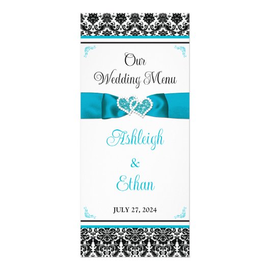 Turquoise, Black Damask Love Hearts Menu Mariage (Devant)