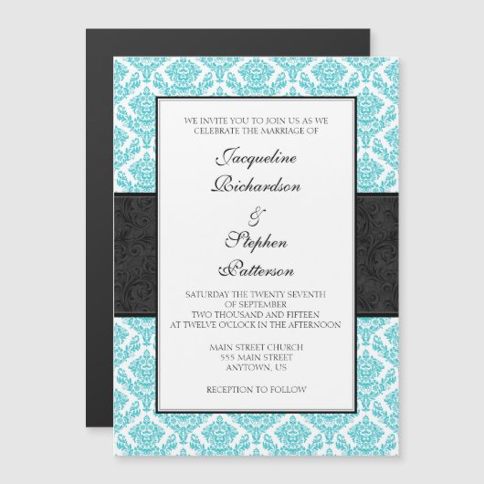 Turquoise Black Damask Magnetic Wedding Invites Magnetische Uitnodiging (Voorkant / Achterkant)