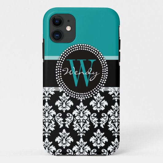 Turquoise, Black Damask Pattern Initiaal Name Case-Mate iPhone Case (Achterkant)