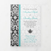 Turquoise Black Damask Tri-Fold Wedding Programma (Cover)