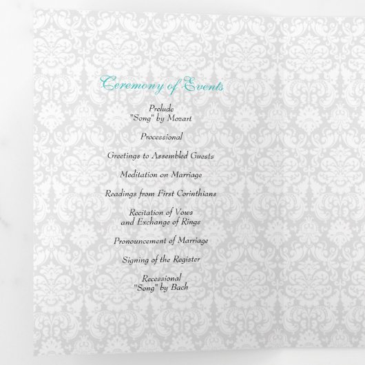 Turquoise Black Damask Tri-Fold Wedding Programme (Intérieur en premier)