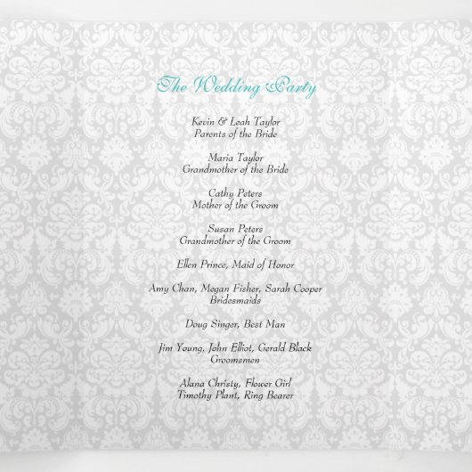 Turquoise Black Damask Tri-Fold Wedding Programme (Intérieur au milieu)