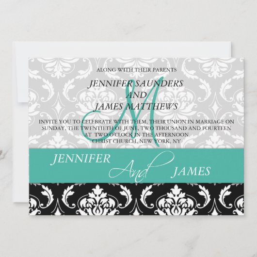 Turquoise Black Damask Wedding Invitation Monogram Kaart (Voorkant)