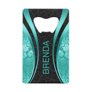 Turquoise & Black Geometric Design Damask Accent Kredietkaart Flessenopener