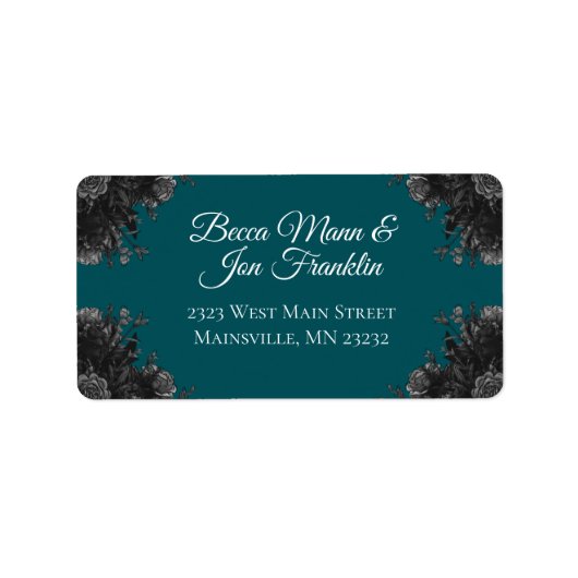 Turquoise Black Grey Rozen Gothic Wedding Etiket (Voorkant)