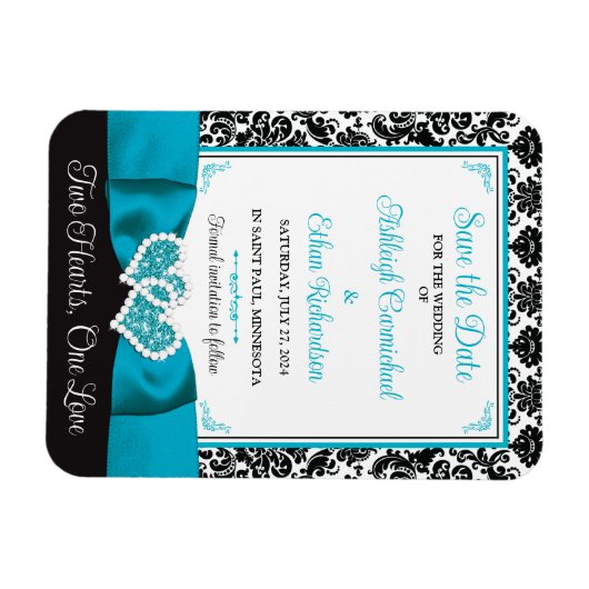 Turquoise, Black Love Hearts Bruiloft Save the Dat Magneet (Horizontaal)