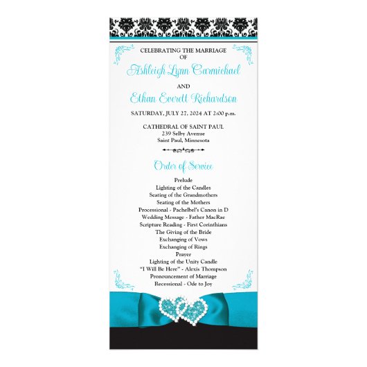 Turquoise, Black Love Hearts Programme de mariage (Devant)