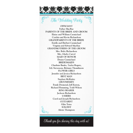 Turquoise, Black Love Hearts Programme de mariage (Dos)