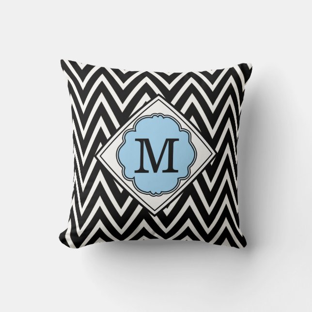 Turquoise & Black Monogram Chevron Pattern Pillow Kussen (Voorkant)