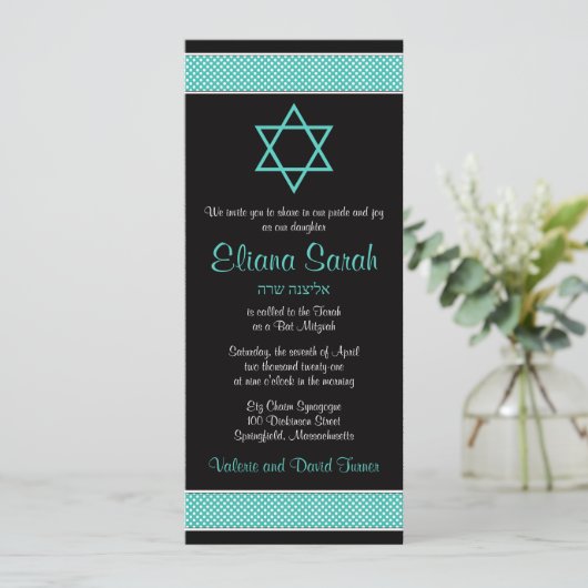 Turquoise Black Polka Dot Bat Mitzvah Uitnodiging (Staand voorkant)