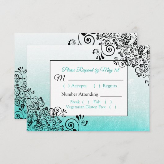 Turquoise Black Scratch Texture Mariage carte RSVP (Devant / Derrière)
